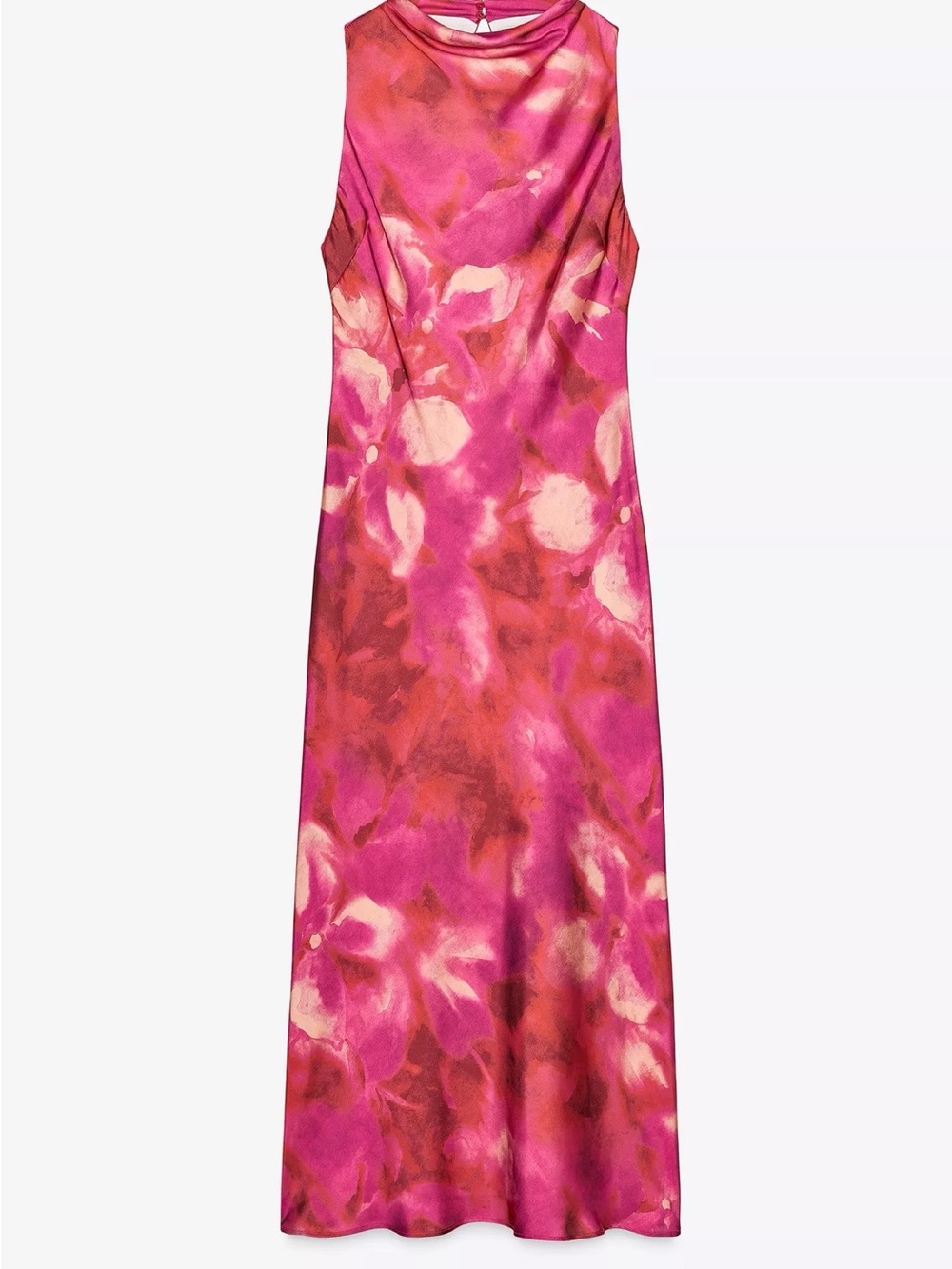 Zara Pink Floral Satin Sleeveless Midi Dress